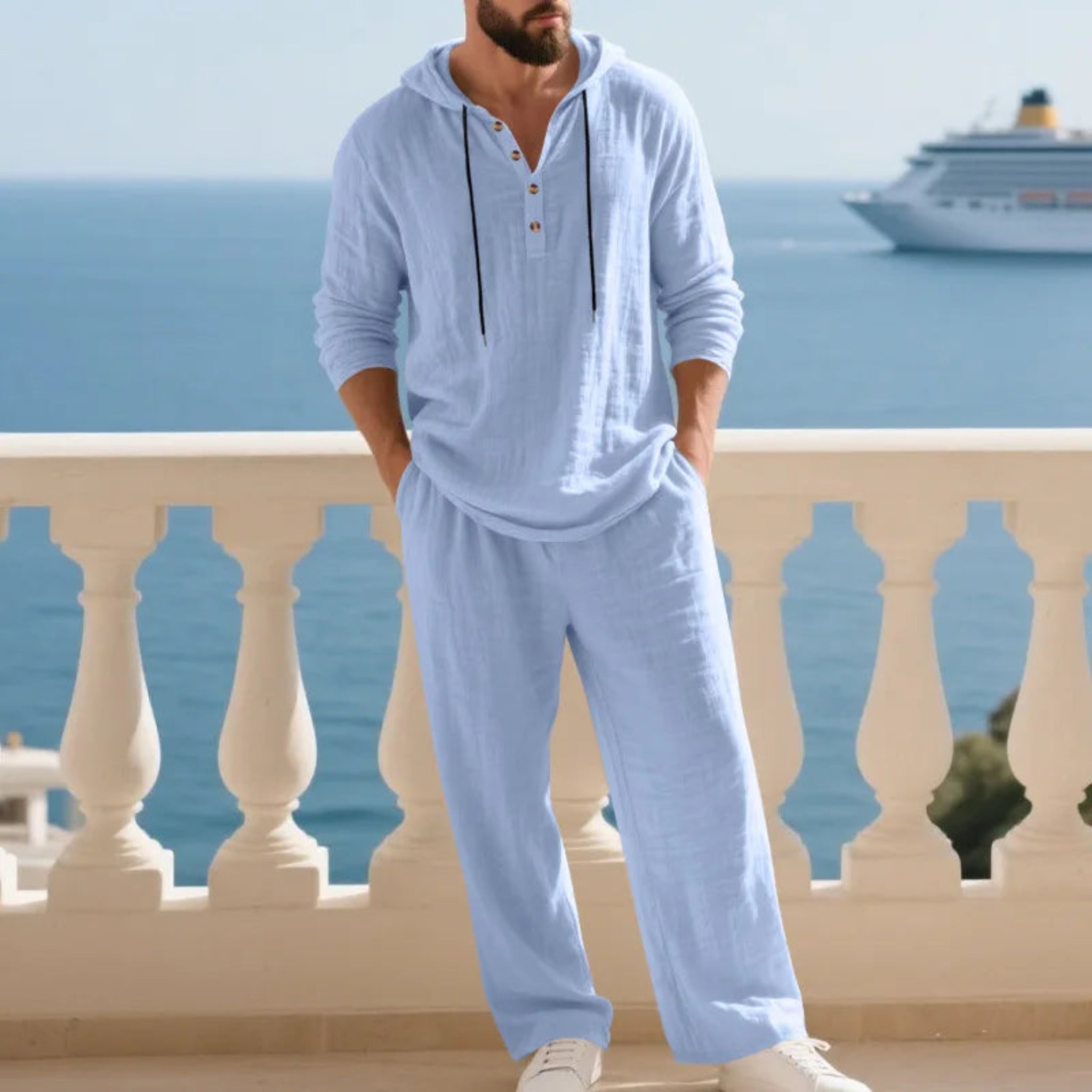 2-PC Loose Hooded Henry Shirt and Pants