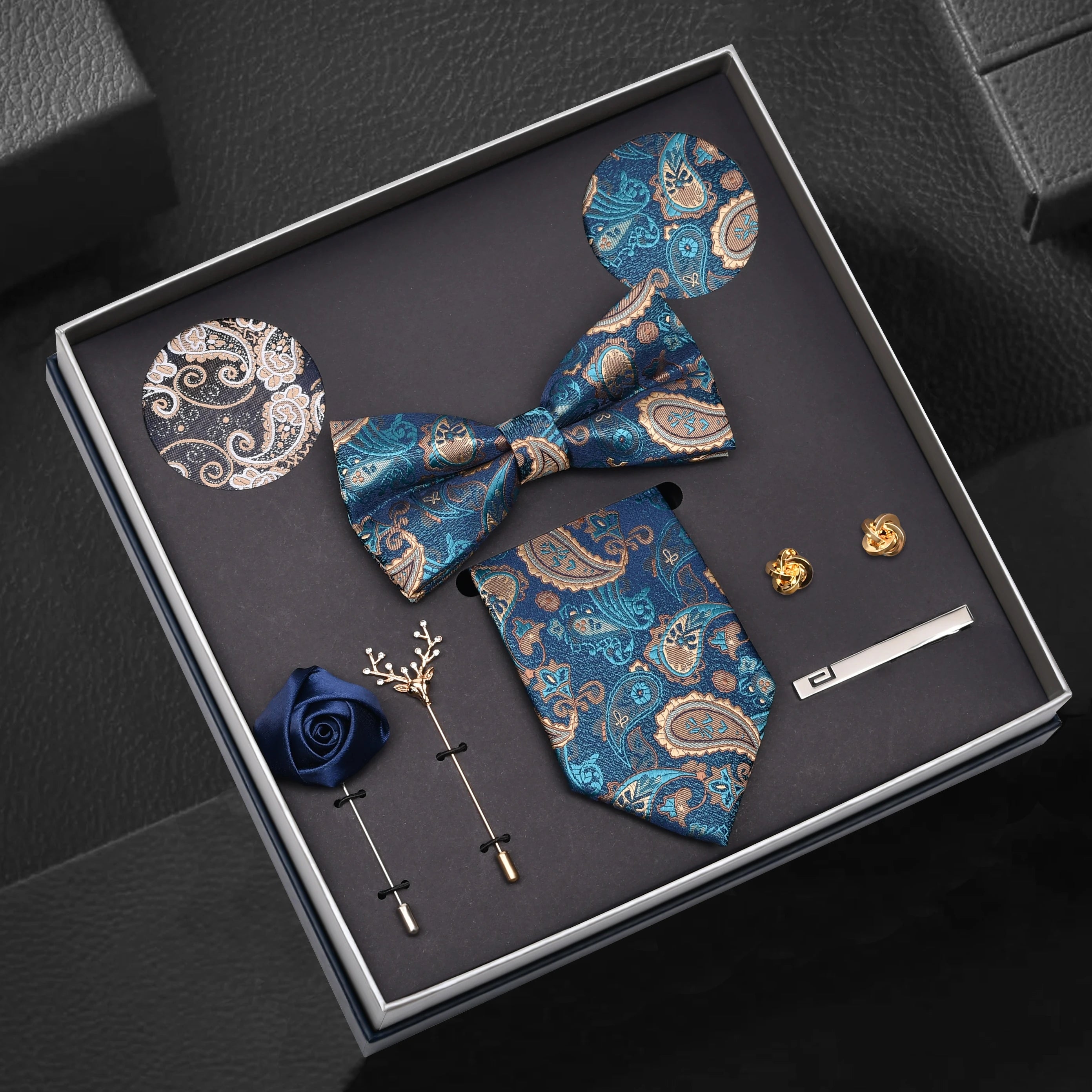 Men Gift Box Set 8CM Red and Royal Blue Tie Cufflink and Handkerchief Gift Set