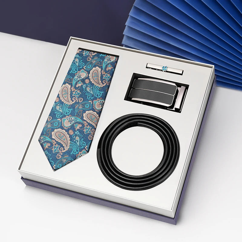 Luxury Gift Set Silk Necktie and Genuine Leather Belts for Men's Wedding