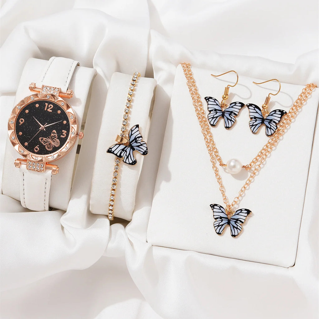 New Design Luxury 4 PCS butterfly Jewelry Watch Women Gift Set  Ladies Necklace Bracelet Watch Set