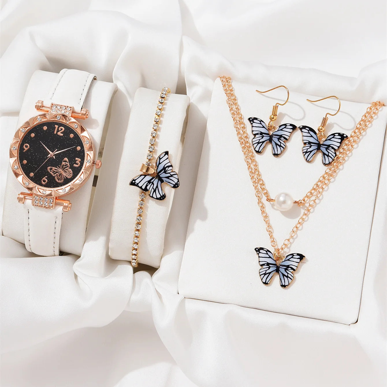 New Design Luxury 4 PCS butterfly Jewelry Watch Women Gift Set  Ladies Necklace Bracelet Watch Set