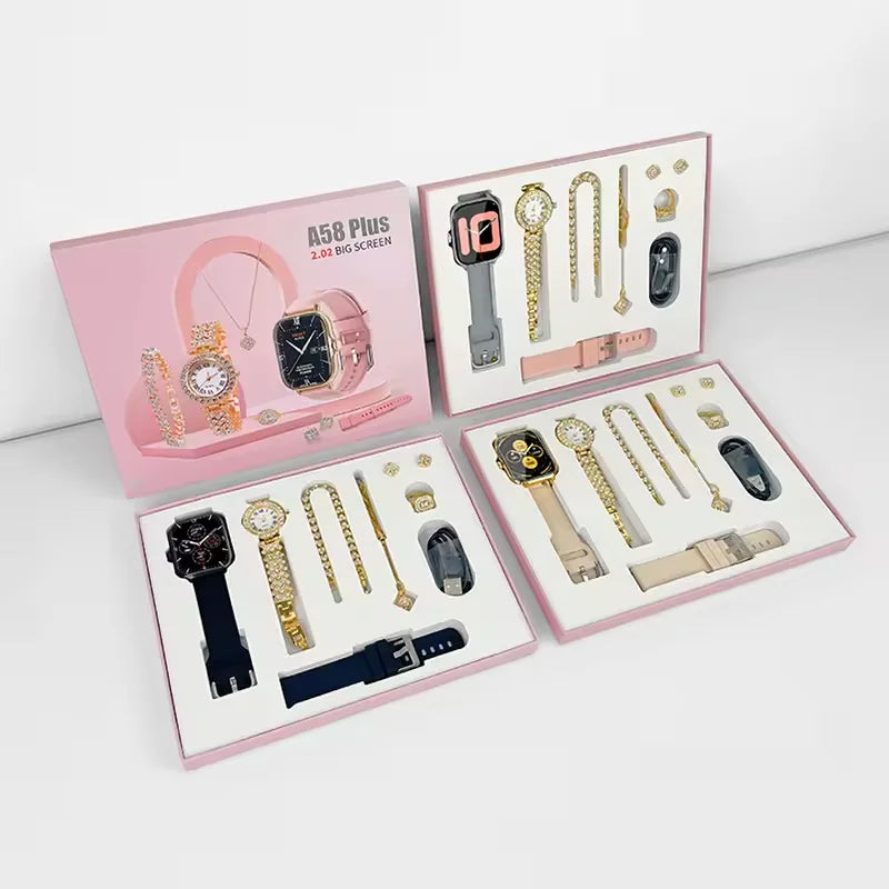 A58 Plus 2026 Women's Luxury Gold Watch Unique Gift Set Jewellery Gold Necklace Ring Double Band Smart Watch I20