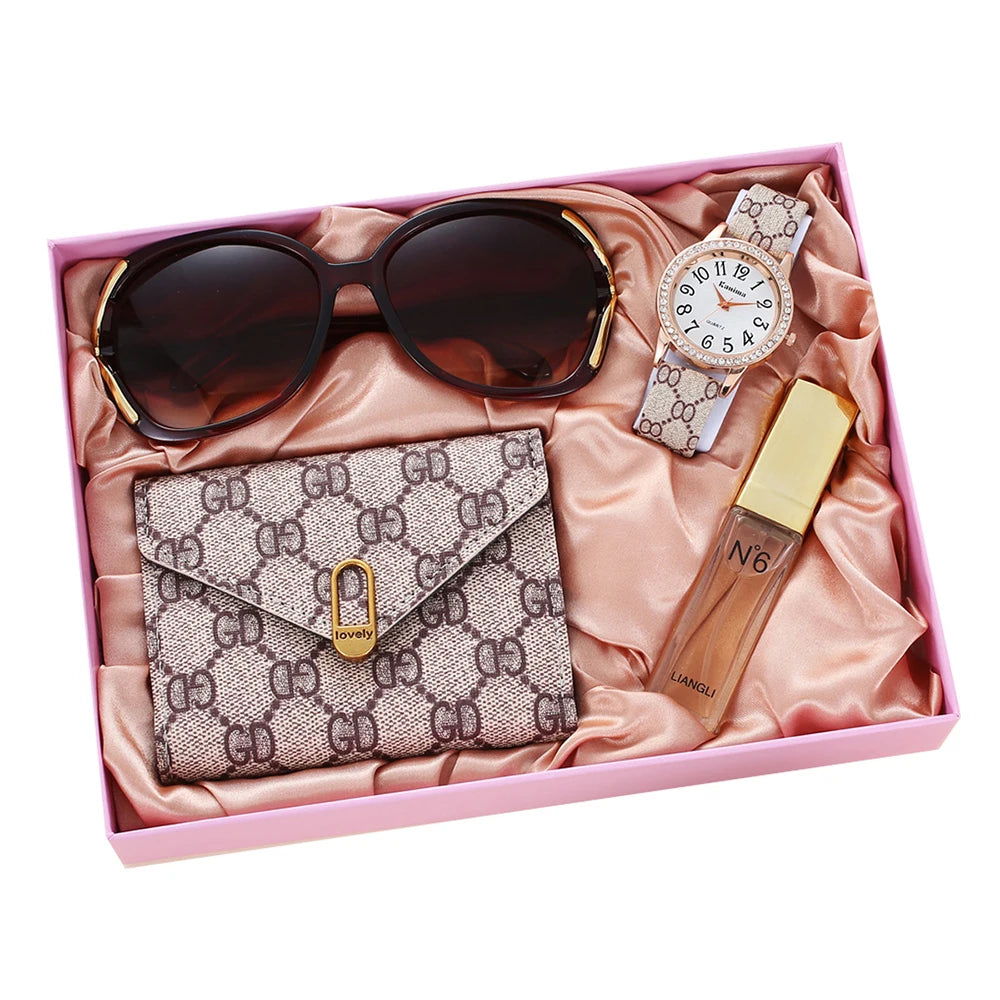 Lady Watch Perfume Sunglasses Wallet Set for Women Mom Wife Girlfriend Watch Gift Set