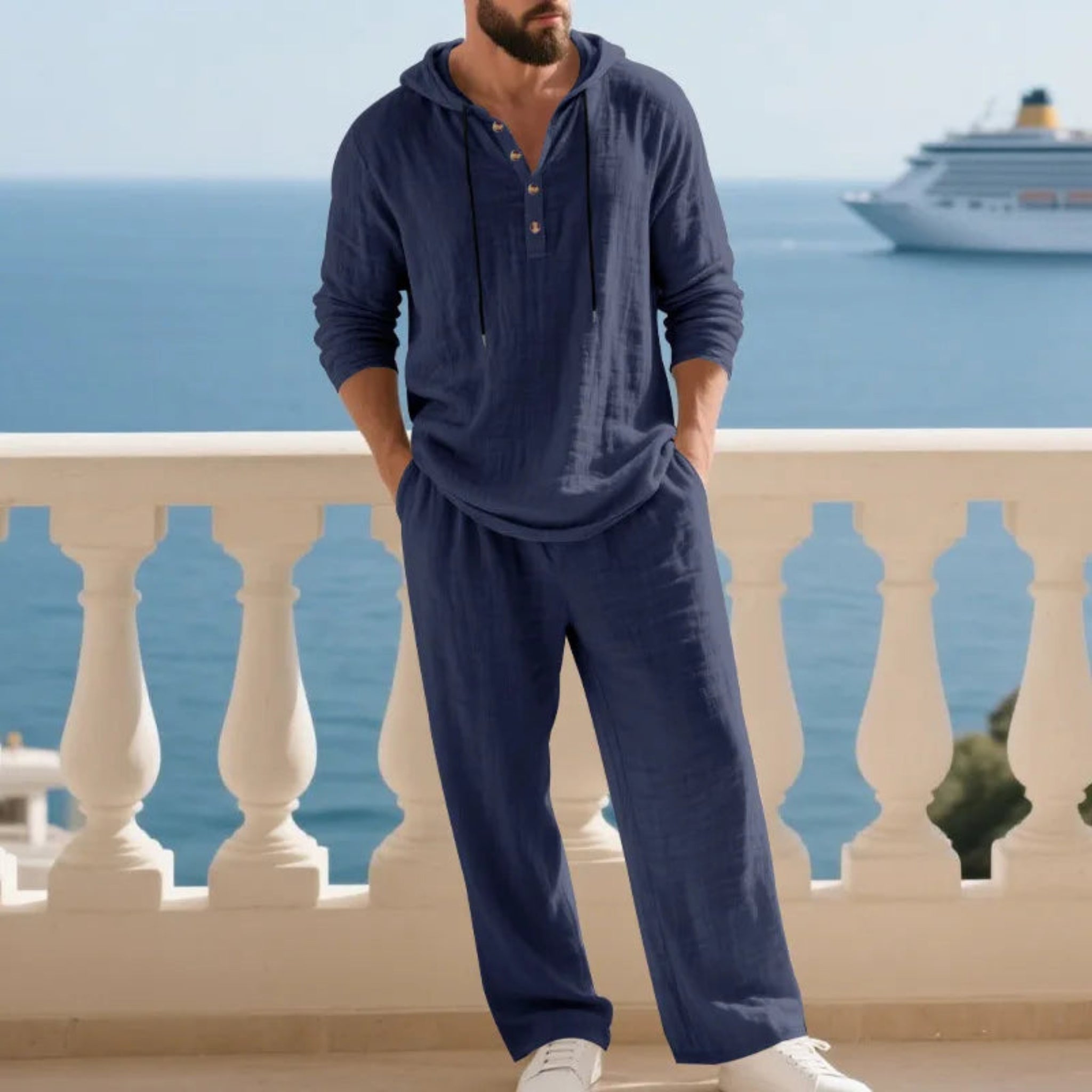 2-PC Loose Hooded Henry Shirt and Pants