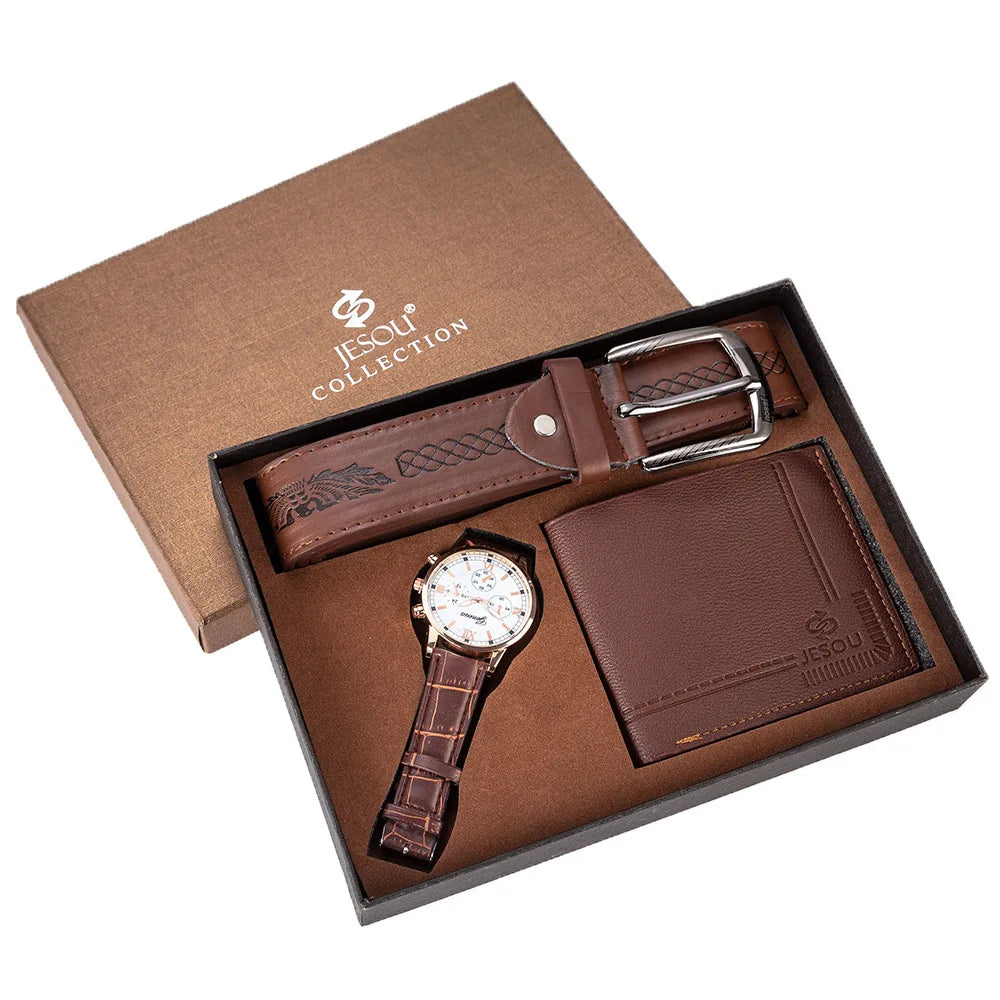 Birthday Gift Set for Men Stylish Dress Leather Strap Chronograph Wrist Watch+Wallet+Belt Wholesale Lots Set