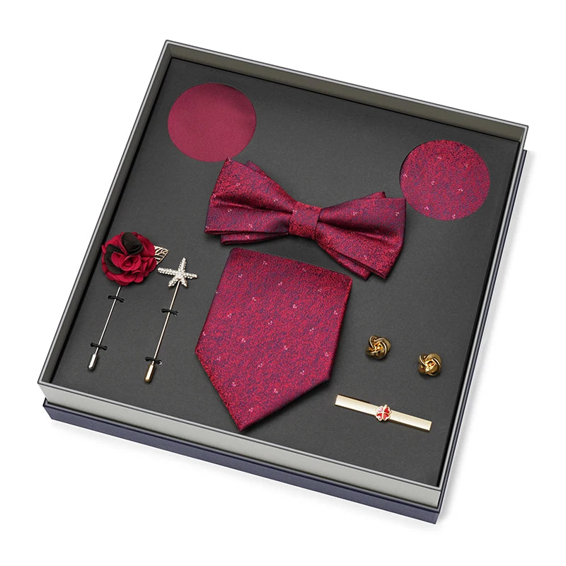 Men Gift Box Set 8CM Red and Royal Blue Tie Cufflink and Handkerchief Gift Set