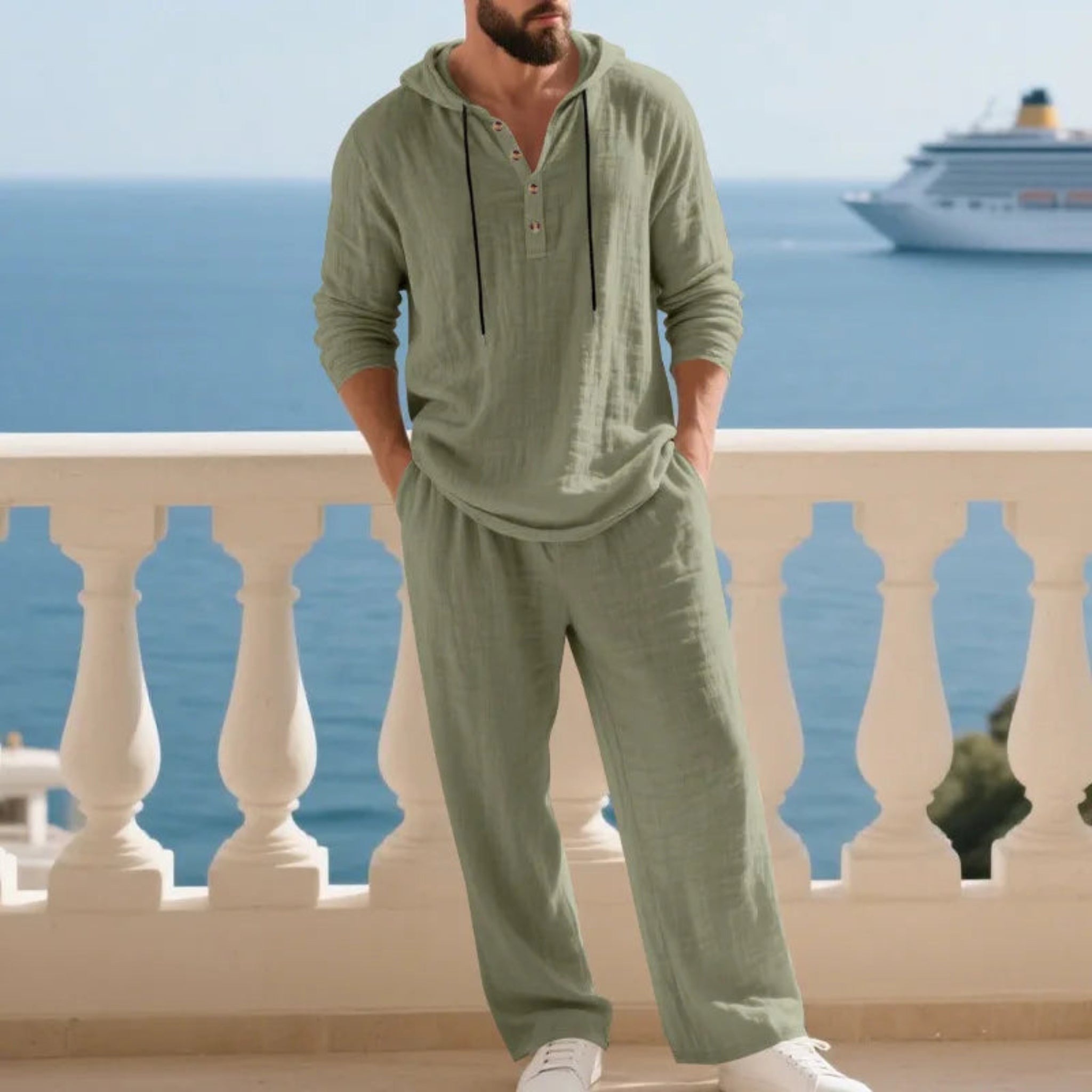 2-PC Loose Hooded Henry Shirt and Pants