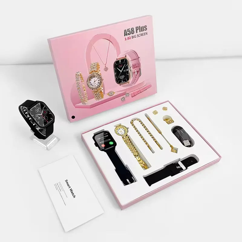 A58 Plus 2026 Women's Luxury Gold Watch Unique Gift Set Jewellery Gold Necklace Ring Double Band Smart Watch I20