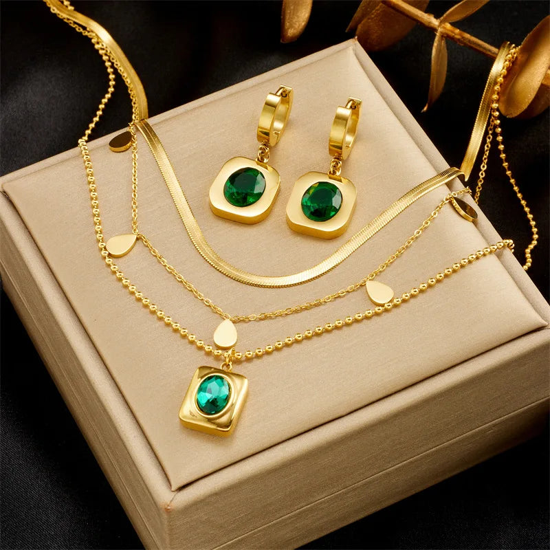 Exquisite Stainless Steel 18k Gold Emerald Zircon Heart Layered Pendant Necklace Earrings Bracelet Female Jewelry Gift Set