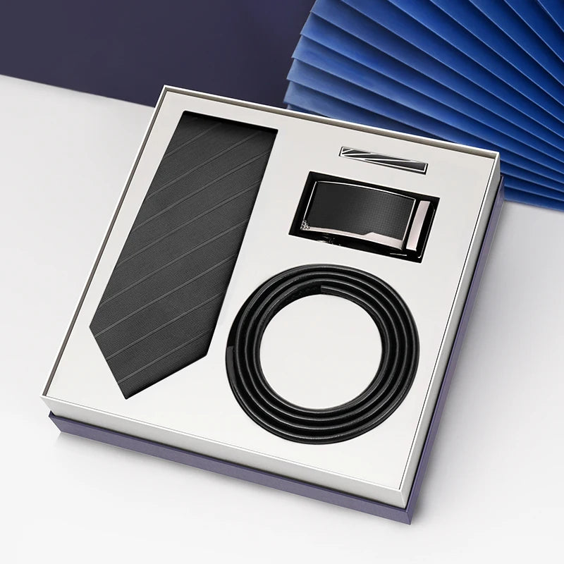 Luxury Gift Set Silk Necktie and Genuine Leather Belts for Men's Wedding