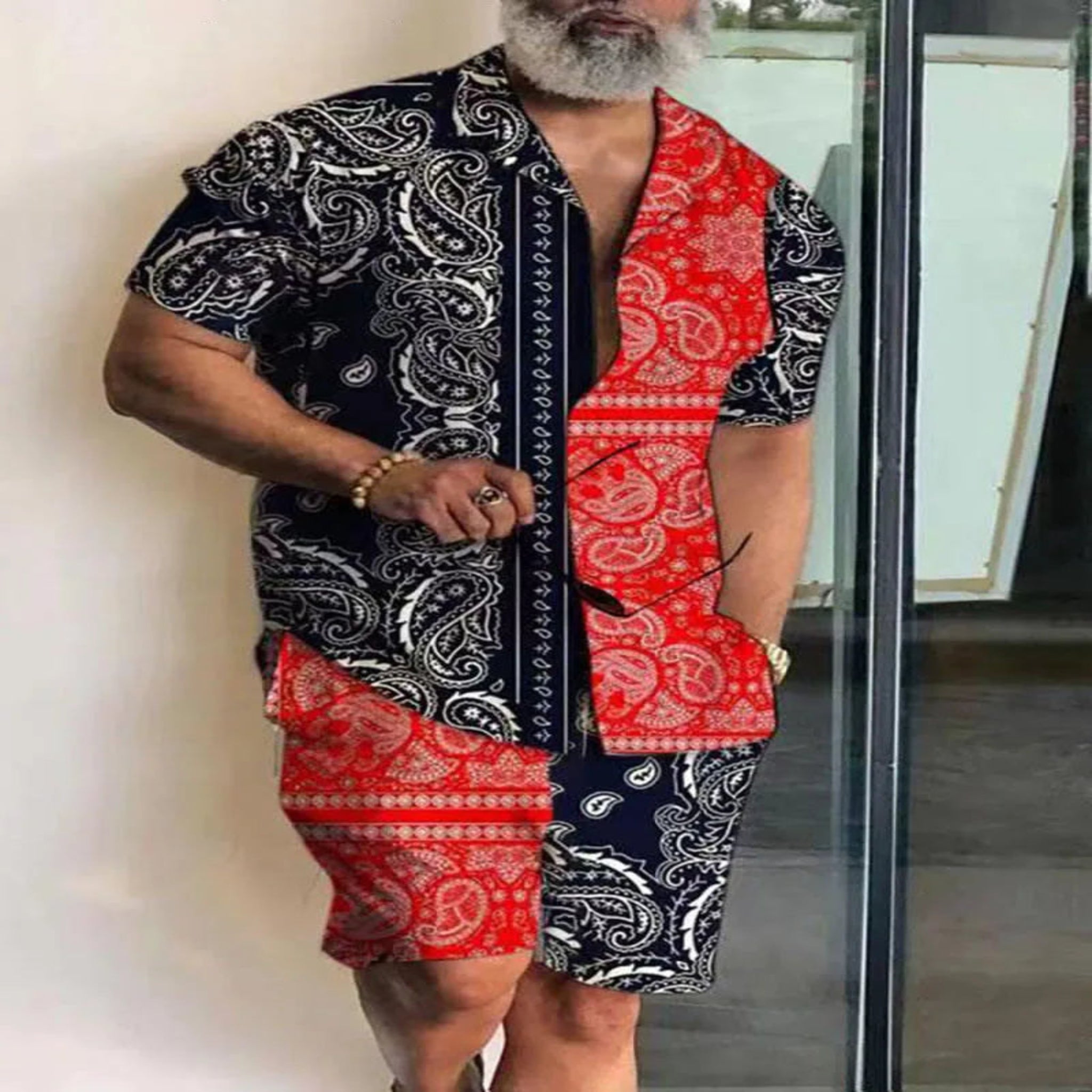 2-PC Print Patchwork Short Sleeve Shirt and Shorts set