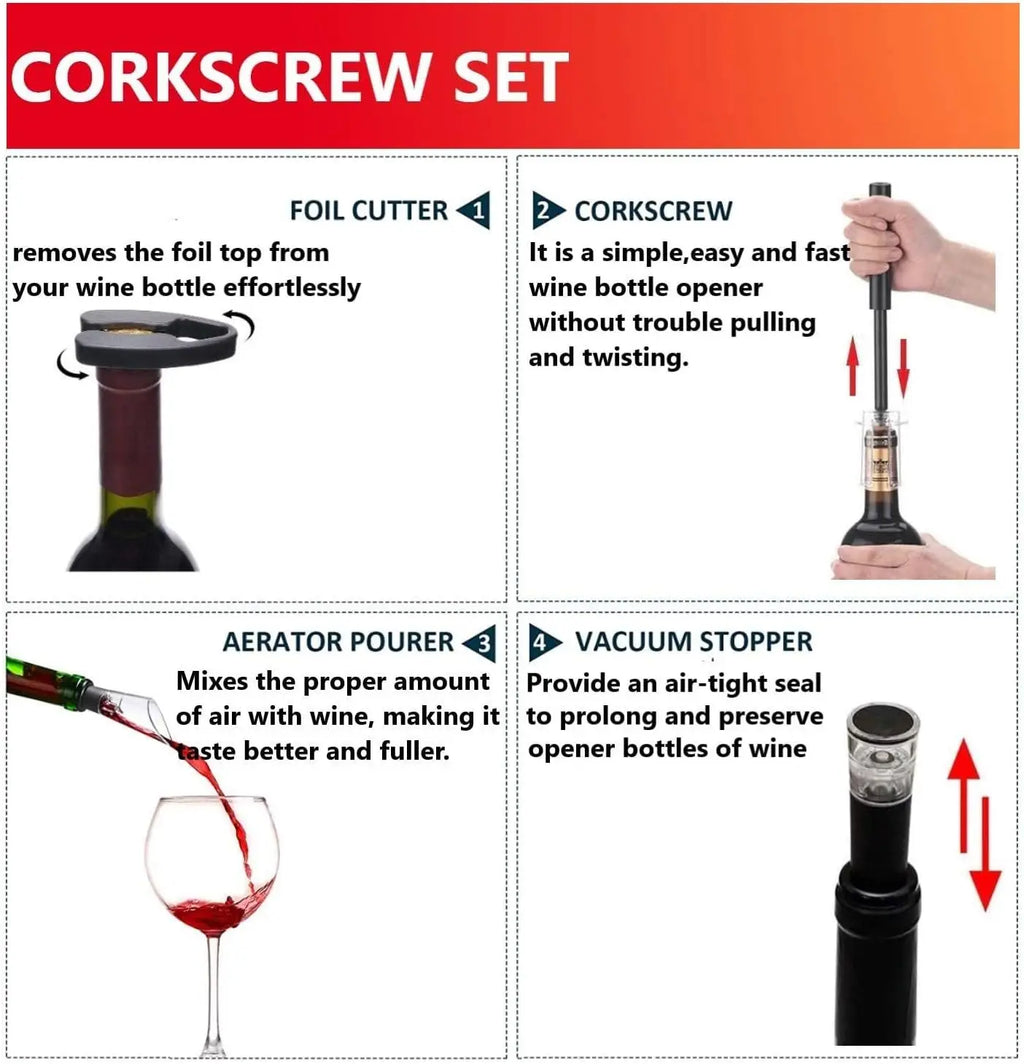 Wine Tool 4-Piece Gift Set Metal Vacuum Stopper Foil Cutter Efficient Cork Remover Corkscrew Pop Cork Bottle Air Pump Wine