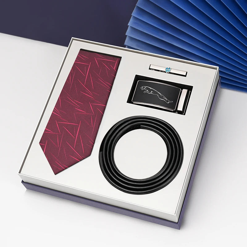 Luxury Gift Set Silk Necktie and Genuine Leather Belts for Men's Wedding