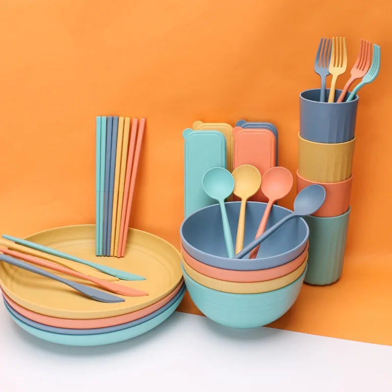Wheat Straw Bowl Cup Plate 32-piece Tableware Creative Portable Knife, Fork, Spoon Chopsticks Tableware Gift Set