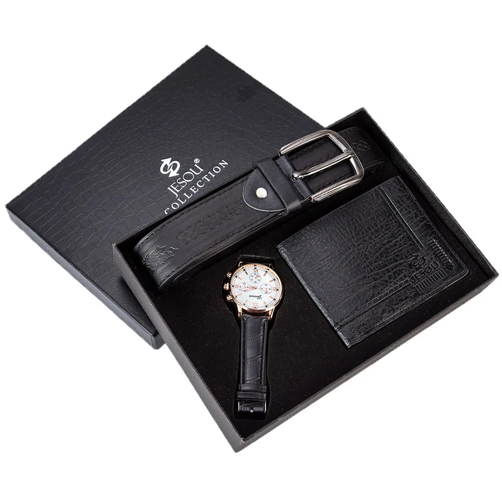 Birthday Gift Set for Men Stylish Dress Leather Strap Chronograph Wrist Watch+Wallet+Belt Wholesale Lots Set