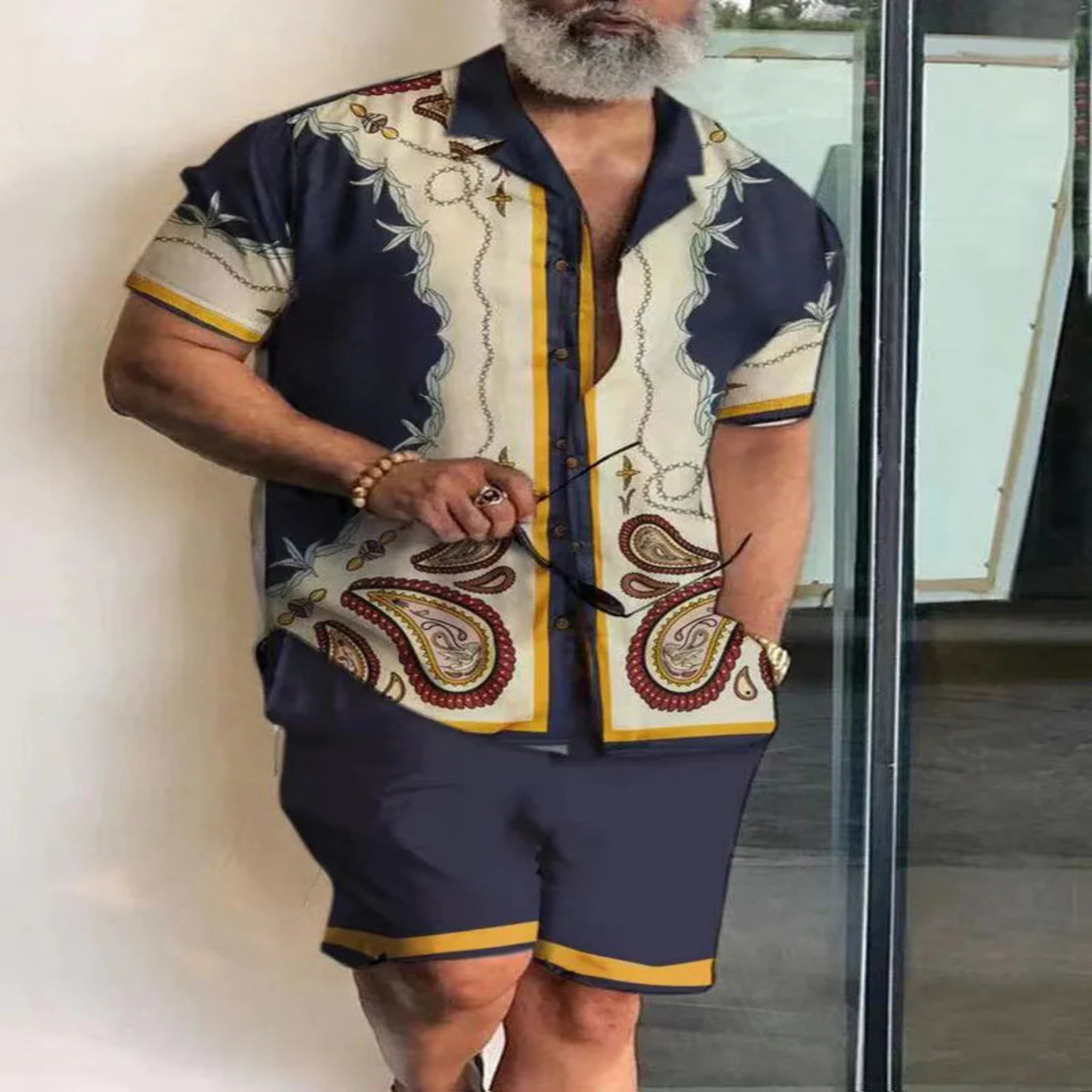 2-PC Print Patchwork Short Sleeve Shirt and Shorts set