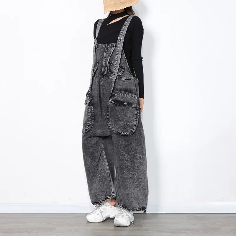 OEM ODM Hot Selling Women Streetwear Jeans Overalls Sleeveless Black Loose Casual Denim Jumpsuits
