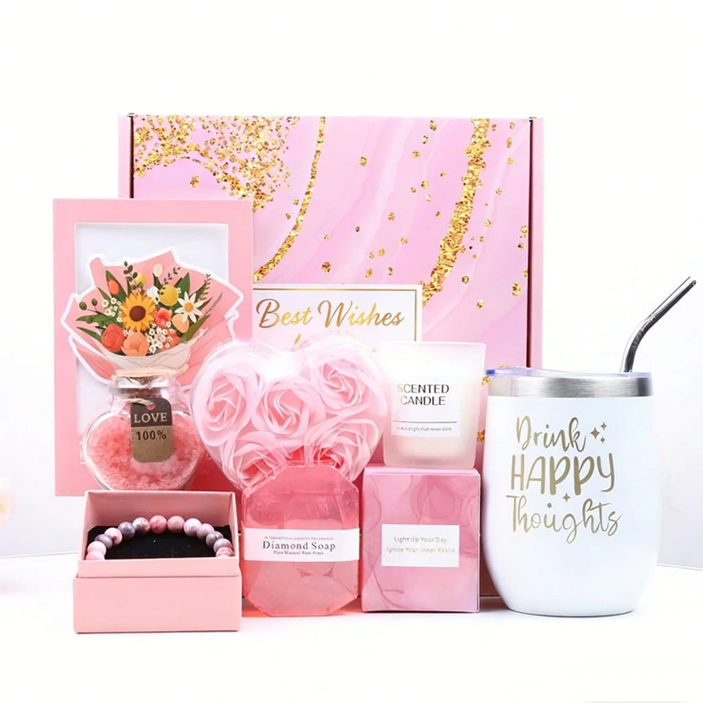 Birthday Mother's Day Women's Self Care Gift Basket Vanilla Relaxing Spa Stainless Steel 16oz Tumbler Pink-Purple Gift Box Set