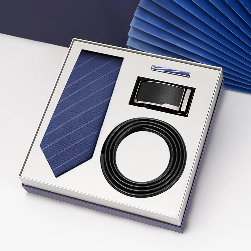 Luxury Gift Set Silk Necktie and Genuine Leather Belts for Men's Wedding