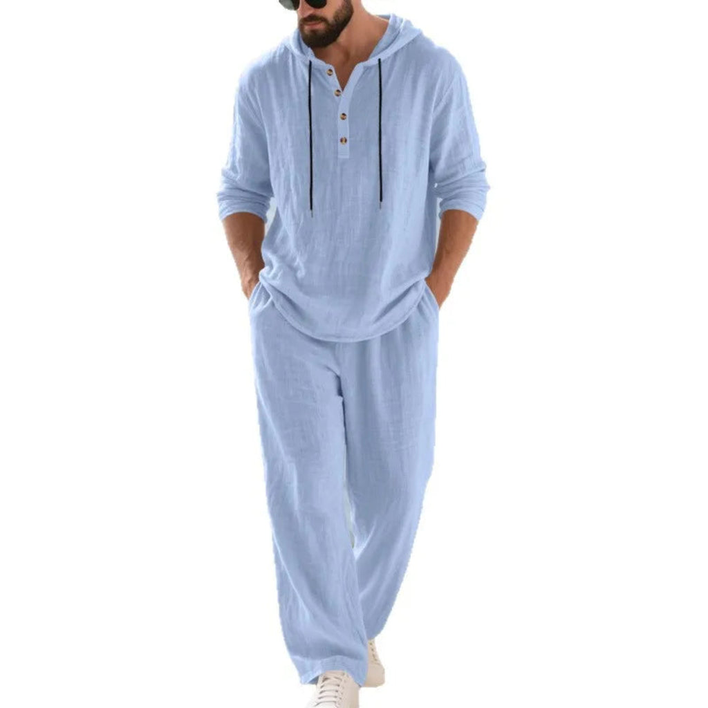 2-PC Loose Hooded Henry Shirt and Pants