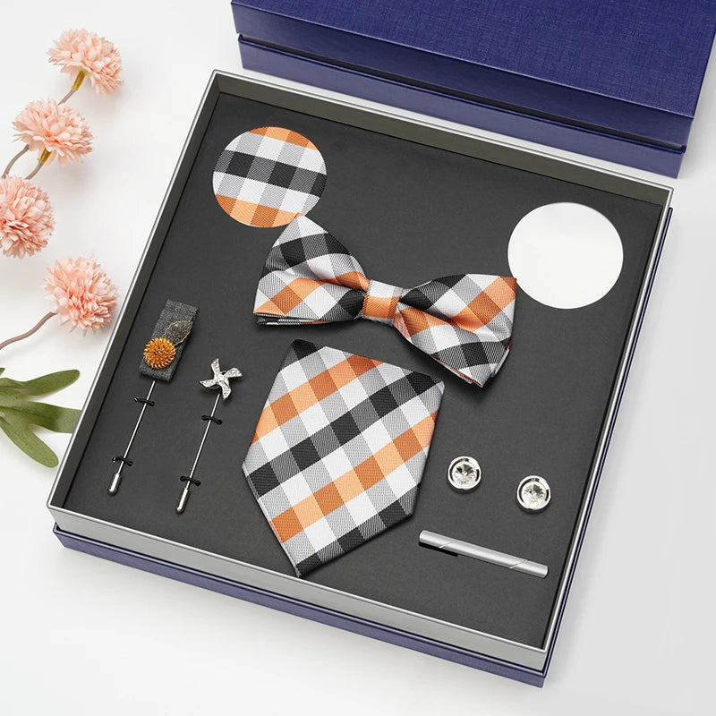 Men Gift Box Set 8CM Red and Royal Blue Tie Cufflink and Handkerchief Gift Set