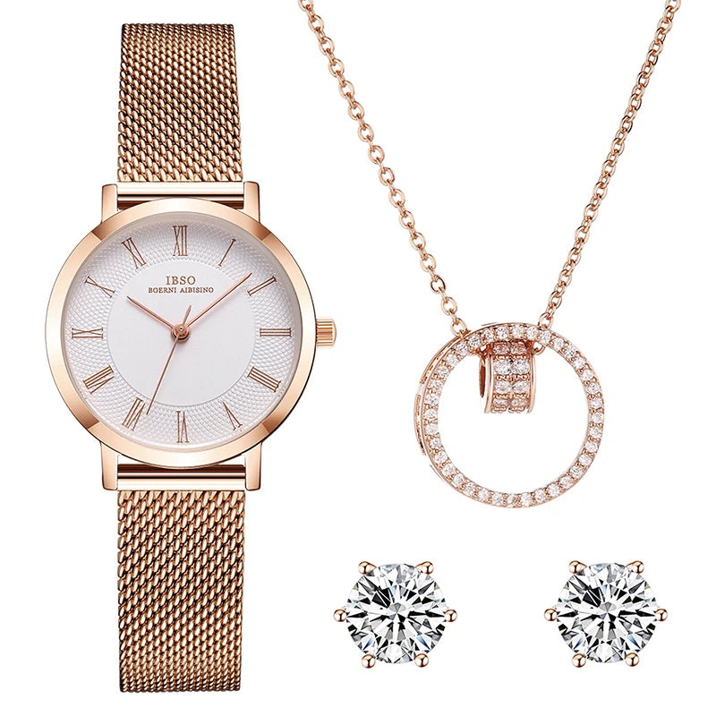 IBSO Fashion Watch Set, Exquisite Matching Bracelet with Mesh Strap Quartz Watch, Holiday Gift Set