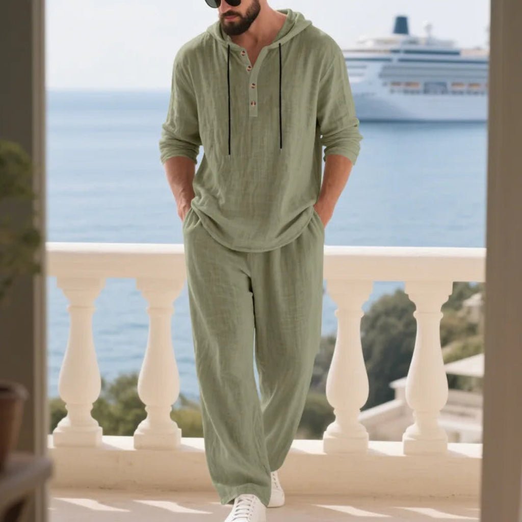 2-PC Loose Hooded Henry Shirt and Pants