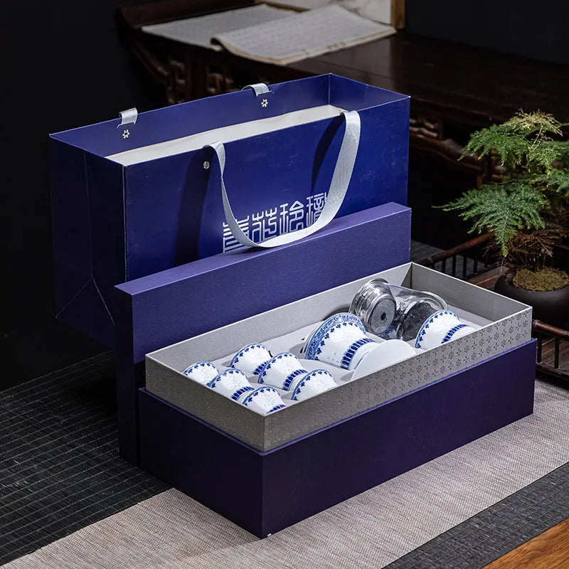 Blue and White Exquisite Porcelain Tableware Gift Set Cover Bowl Tall Teacup Gift Box Packaging