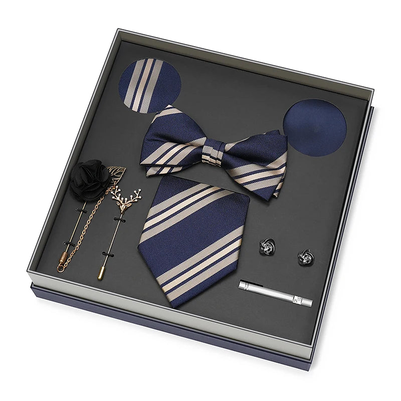Men Gift Box Set 8CM Red and Royal Blue Tie Cufflink and Handkerchief Gift Set