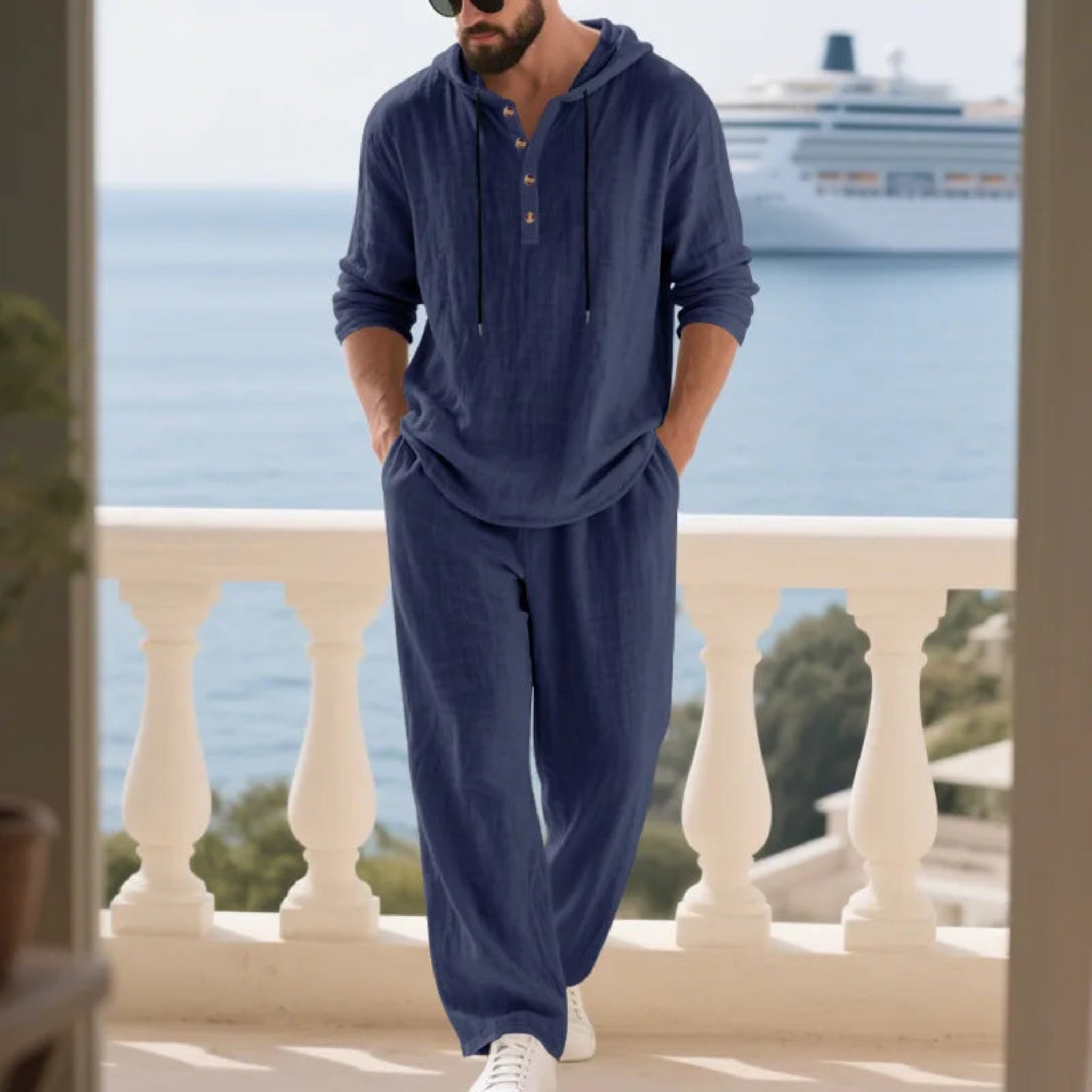 2-PC Loose Hooded Henry Shirt and Pants