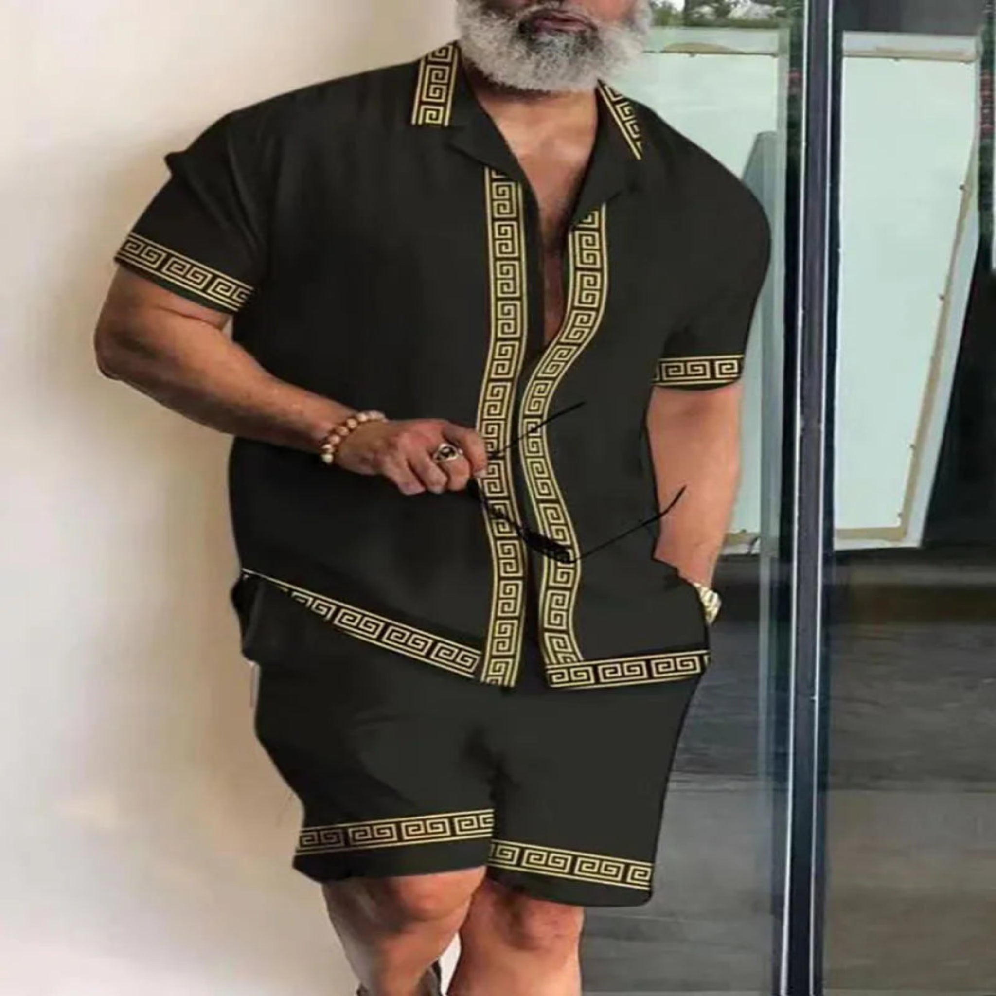 2-PC Print Patchwork Short Sleeve Shirt and Shorts set