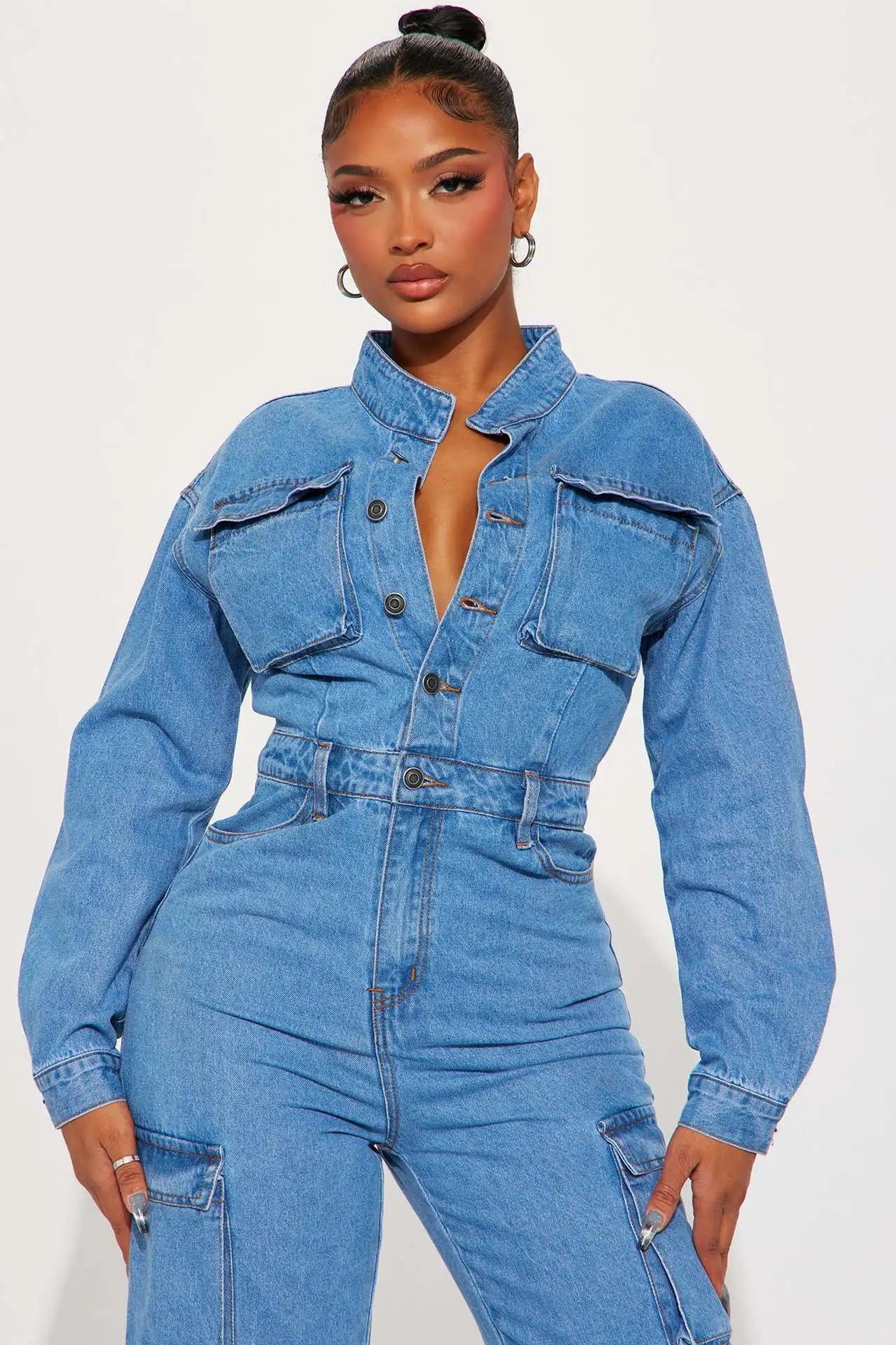 New Spring Blue Fashion Denim Jumpsuit Women's Button Long Sleeve Straight Pants Multi-Pocket Suit Women's Denim Crane Pants