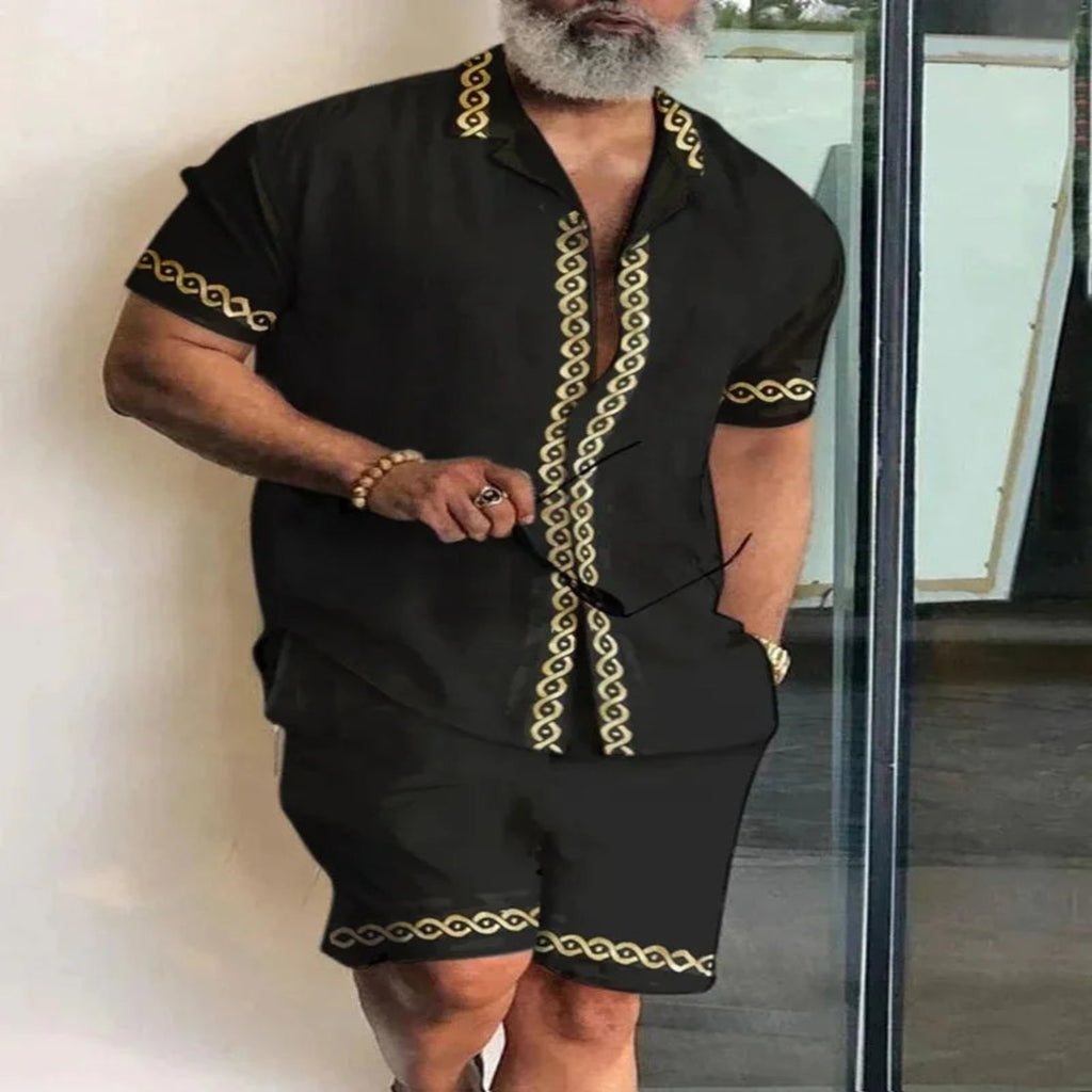 2-PC Print Patchwork Short Sleeve Shirt and Shorts set