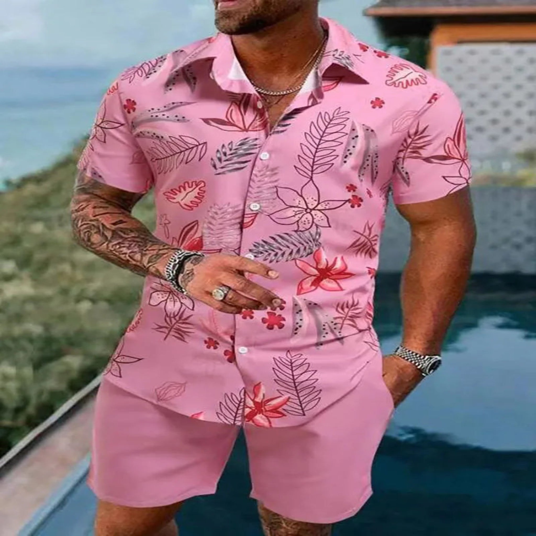 2-PC Print Patchwork Short Sleeve Shirt and Shorts set