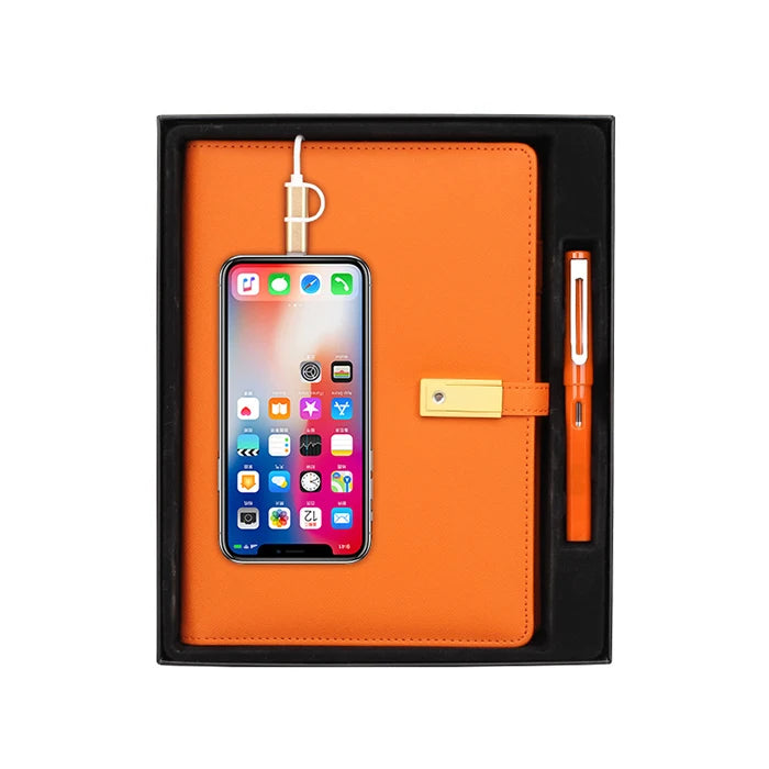 Wholesale Price Personalized Leather Agenda Gift Set A5 Diary Notebook with Power Bank and Usb Flash Drive