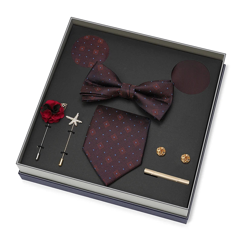 Men Gift Box Set 8CM Red and Royal Blue Tie Cufflink and Handkerchief Gift Set