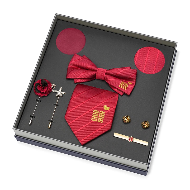 Men Gift Box Set 8CM Red and Royal Blue Tie Cufflink and Handkerchief Gift Set