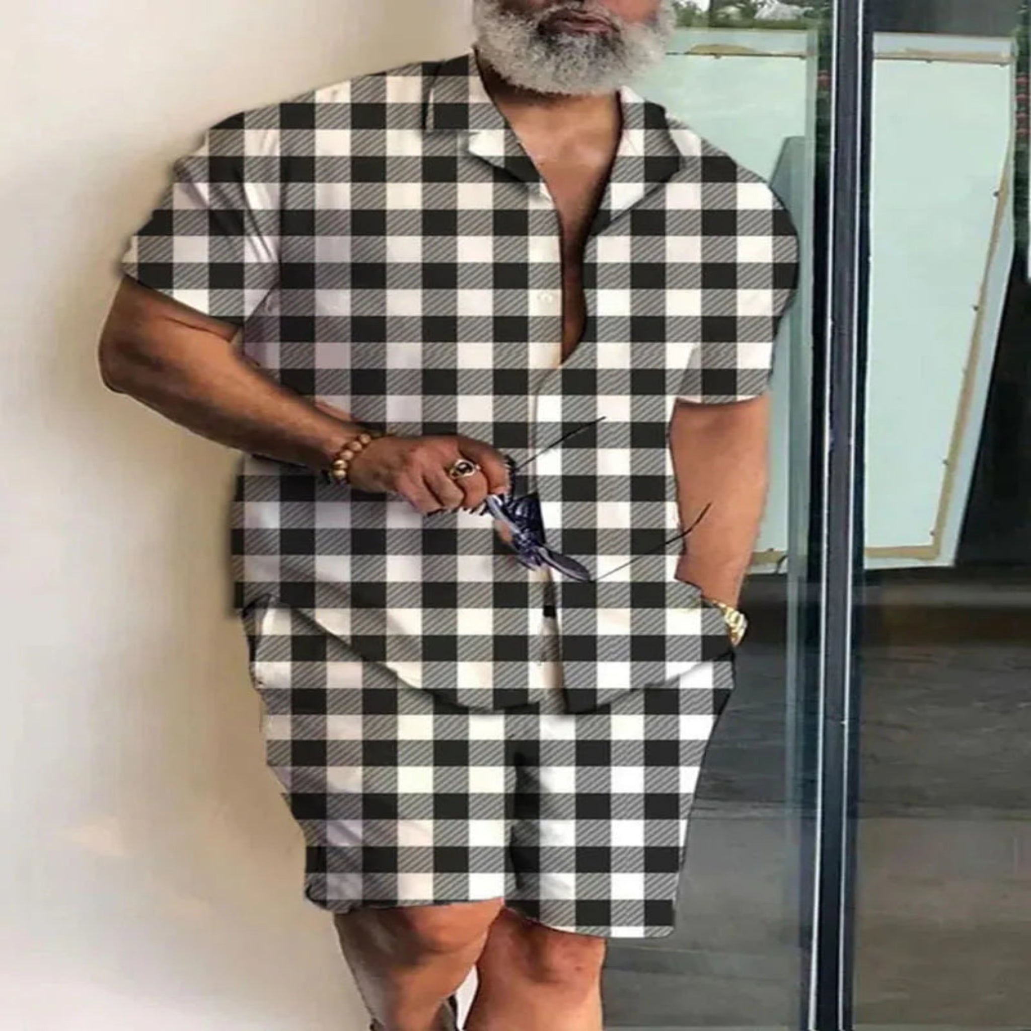 2-PC Print Patchwork Short Sleeve Shirt and Shorts set