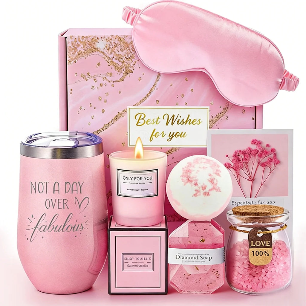 Birthday Mother's Day Women's Self Care Gift Basket Vanilla Relaxing Spa Stainless Steel 16oz Tumbler Pink-Purple Gift Box Set