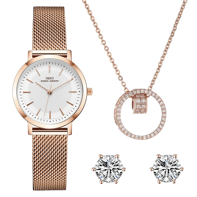 IBSO Fashion Watch Set, Exquisite Matching Bracelet with Mesh Strap Quartz Watch, Holiday Gift Set