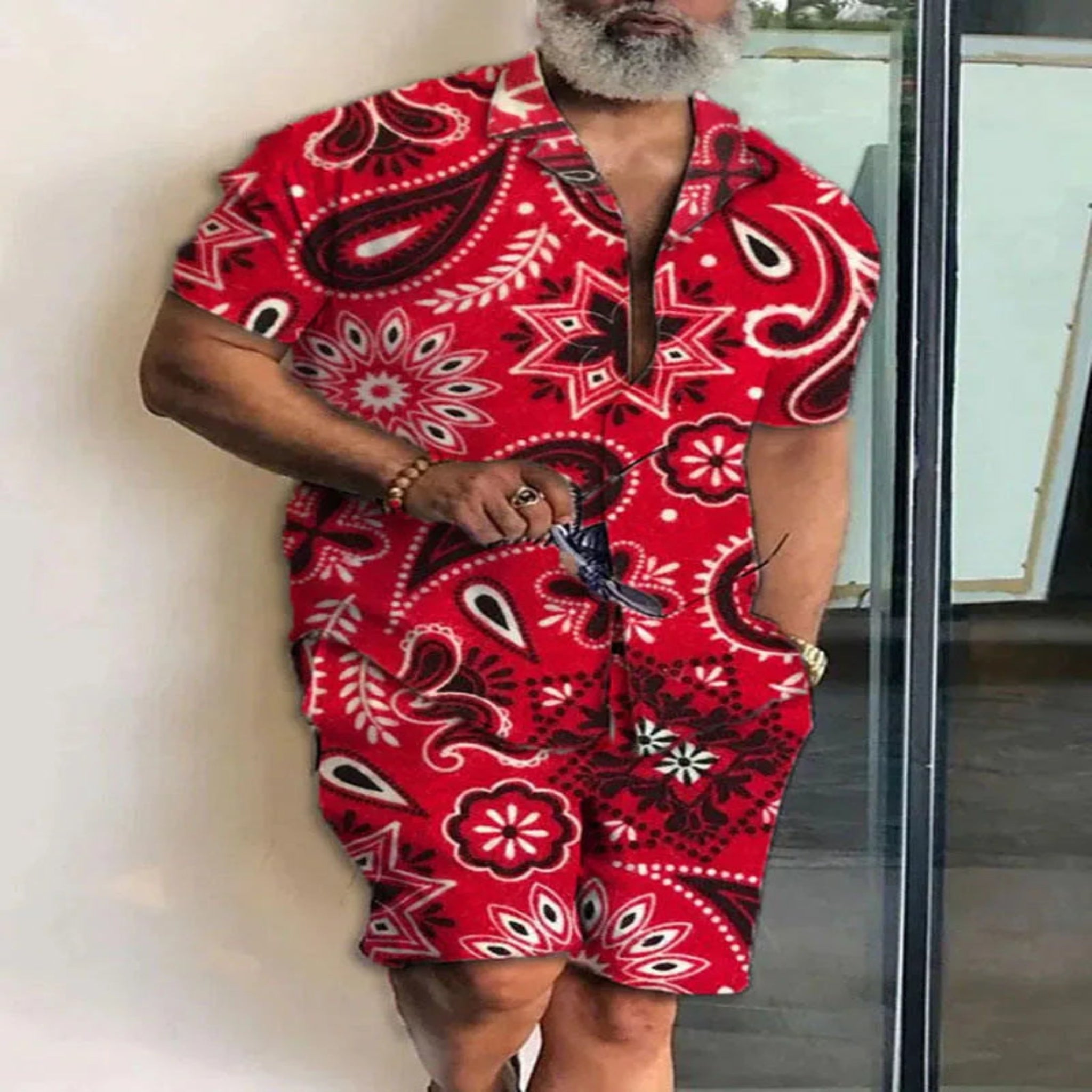 2-PC Print Patchwork Short Sleeve Shirt and Shorts set