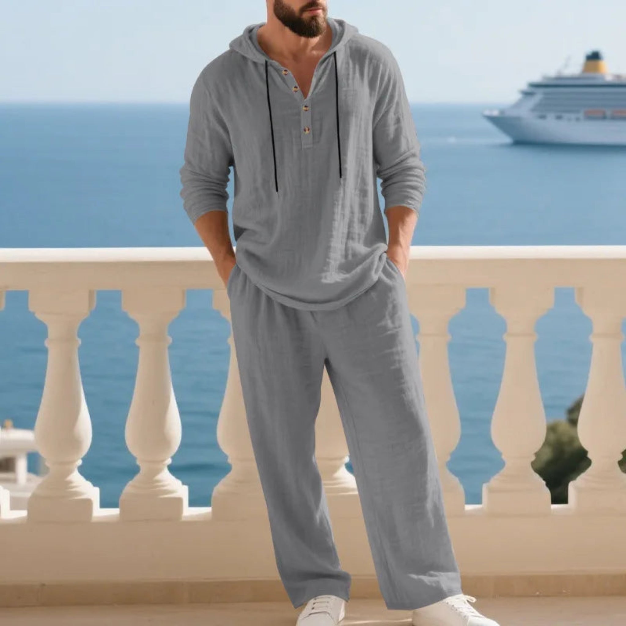 2-PC Loose Hooded Henry Shirt and Pants
