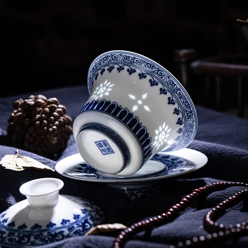 Blue and White Exquisite Porcelain Tableware Gift Set Cover Bowl Tall Teacup Gift Box Packaging