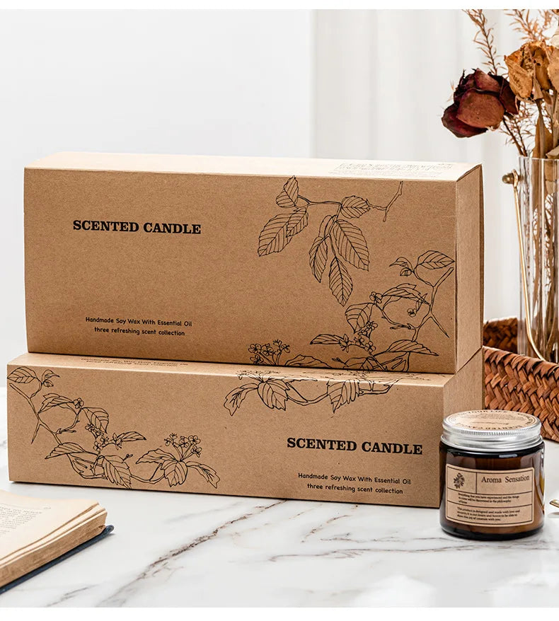 Scented Candle Gift Set Soy Wax Custom Label Brown Glass Jar Scented Candle Soy Wax Essential Oil Luxury Aroma Candle Gift Set