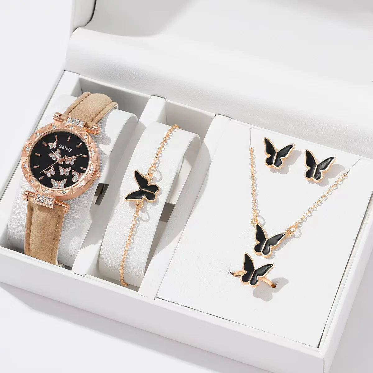 Butterfly Leather Strap Watch Set