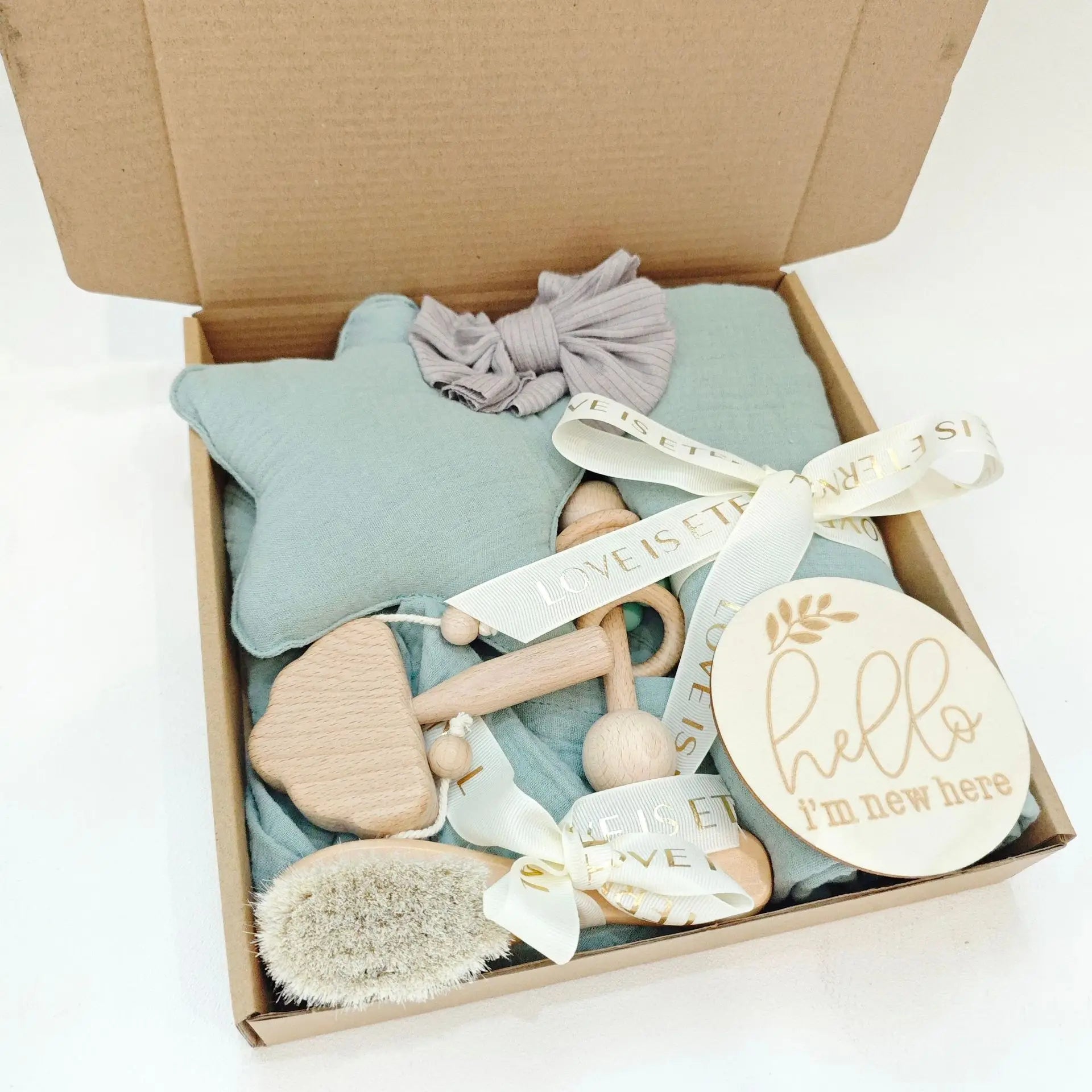 Wood Toy Teething Baby Shower Newborn Gift Set,Gender Neutral Gift Set Breathable Cotton Newborn Shower Gift
