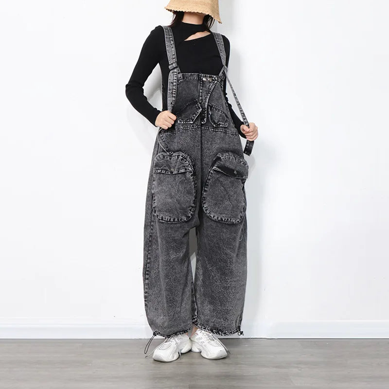 OEM ODM Hot Selling Women Streetwear Jeans Overalls Sleeveless Black Loose Casual Denim Jumpsuits
