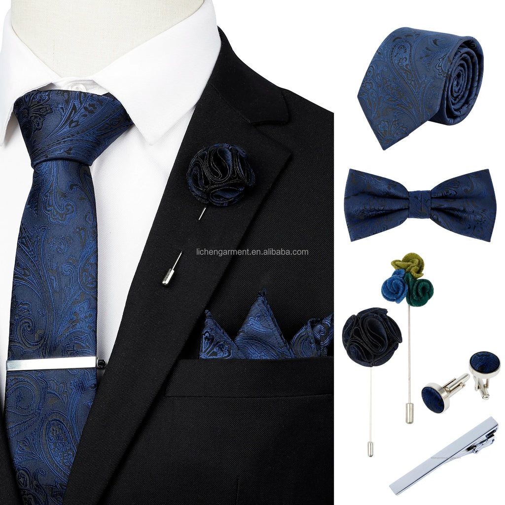 Ready to Ship Necktie in Gift Box Bowtie Mens Cufflinks Business Tie Gift Set Ascot Cravat Pocket Square Polyester Ties Set Men