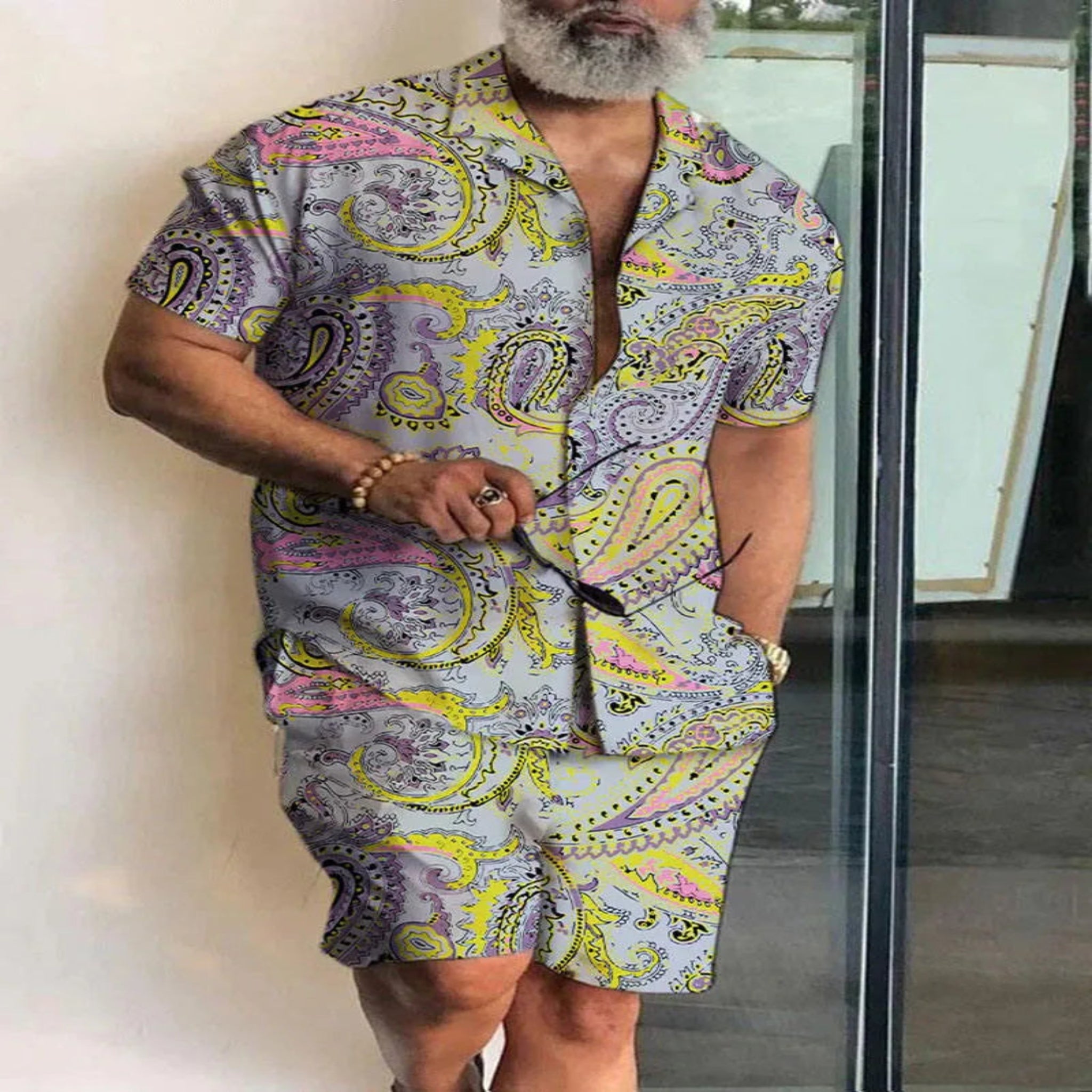 2-PC Print Patchwork Short Sleeve Shirt and Shorts set