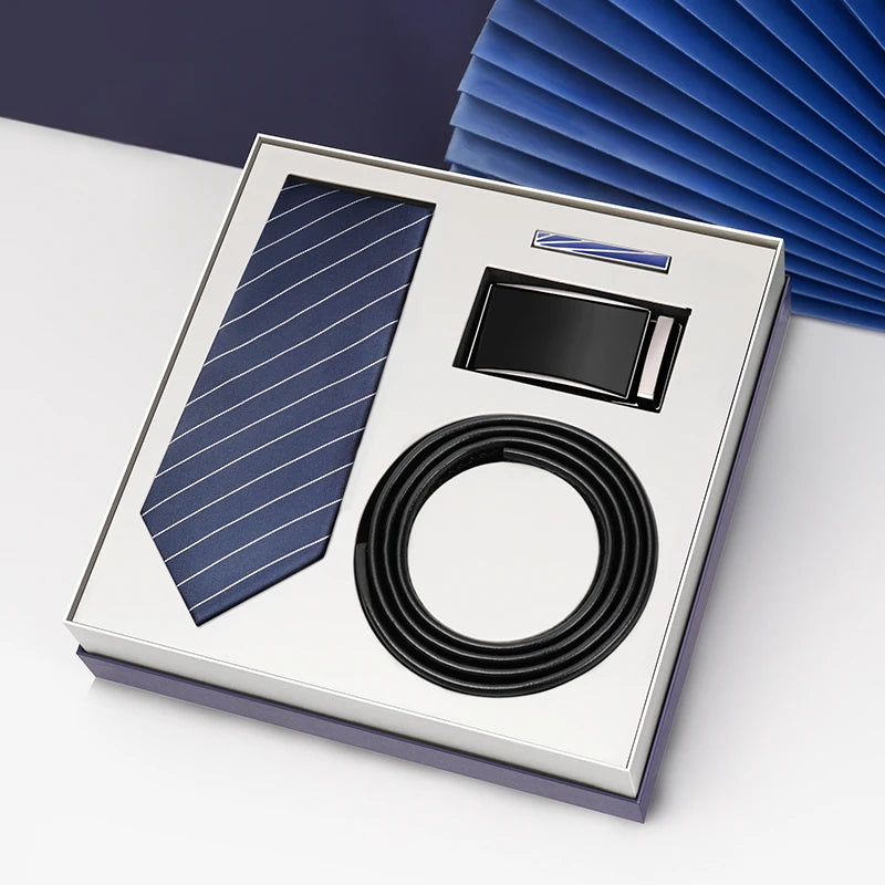 Luxury Gift Set Silk Necktie and Genuine Leather Belts for Men's Wedding